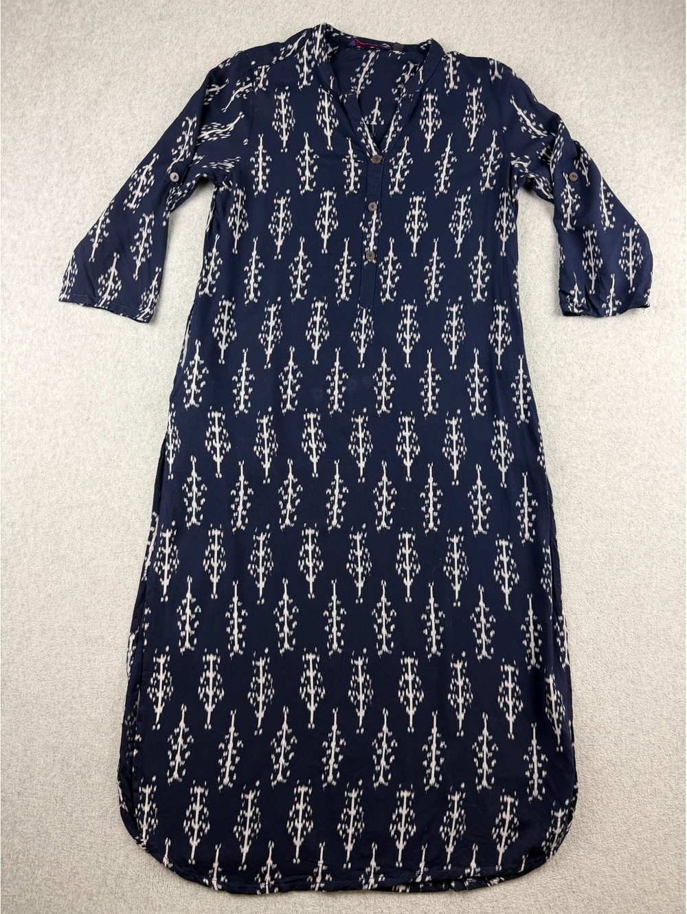 Srishti Navy Blue Rayon Kurta Dress M Ikat Tribal Boho 3/4 Sleeve Midi